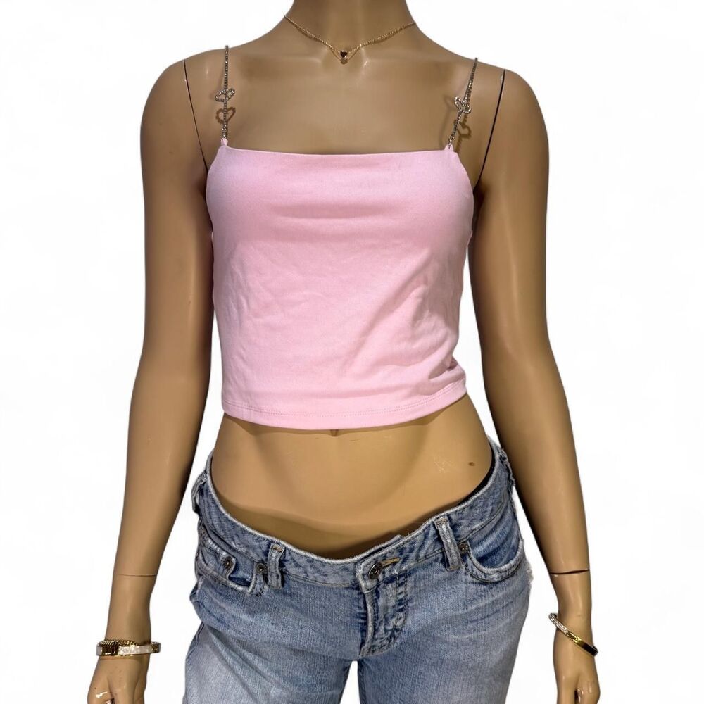 Forever 21 Baby Pink Rhinestone Heart Strap Crop Tank Top M Sparkle Y2K Coquette